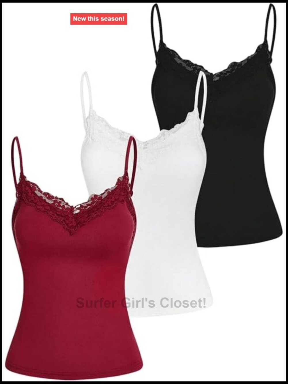 3 Pack Lace Trim Spaghetti Strap Cami Tops with Built-In Bra